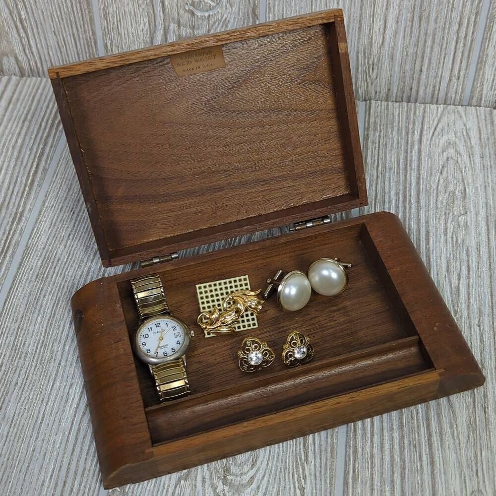 Wooden Jewelry Box with Lot of Vintage Costume Jewelry